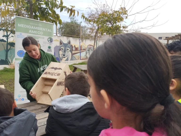 Educadora de AMECO muestra una caja nido de madera para murciélagos a niños en un taller ambiental