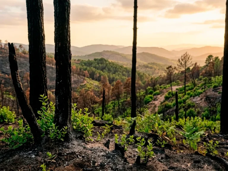 Bosque mediterráneo quemado con troncos calcinados en pie y brotes verdes emergiendo del suelo y de las cepas, ejemplo de regeneración natural tras un incendio forestal.