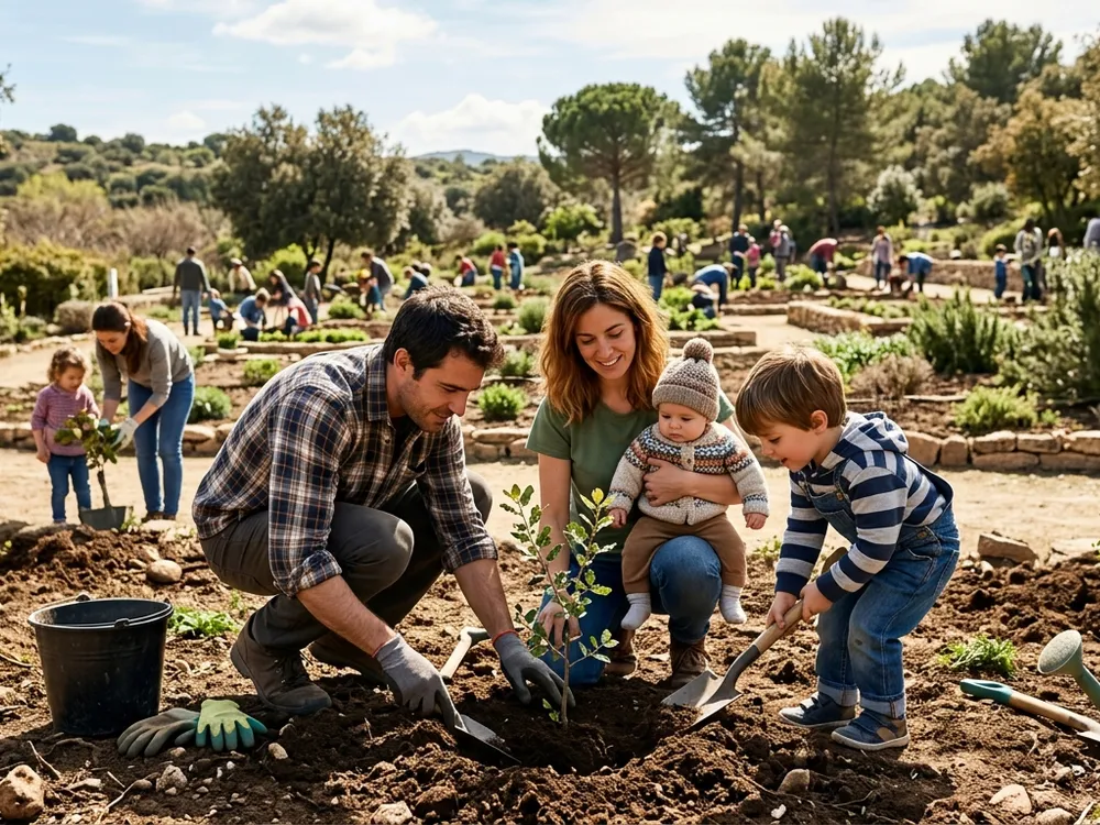 Familias plantando árboles junto al estanque del Palacio del Infante D. Luis en homenaje a los niños nacidos en 2025 en Boadilla del Monte.