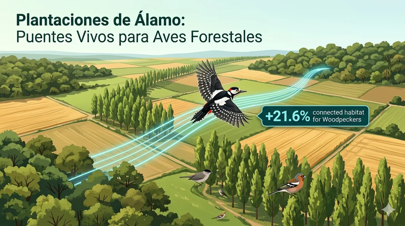 Pico picapinos volando sobre plantaciones de álamo que conectan bosques en un paisaje agrícola europeo