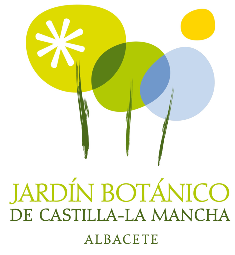 Logotipo del Jardín Botánico de Castilla-La Mancha en Albacete con tres flores geométricas en amarillo, verde y azul