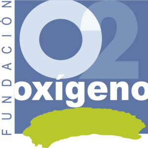 Logotipo de Fundación Oxígeno con letras O2 en azul y trazo verde