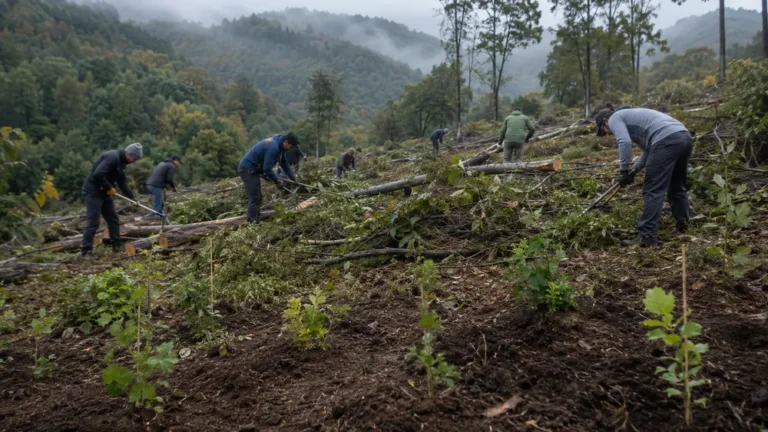 Voluntarios de las Brigadas Deseucaliptizadoras retiran eucaliptos en un monte gallego