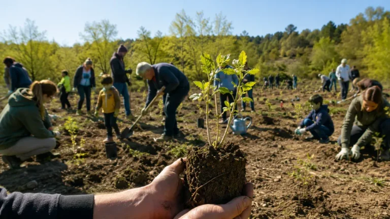 Voluntarios de distintas edades plantan plantones de árboles autóctonos en un terreno abierto durante una jornada de reforestación