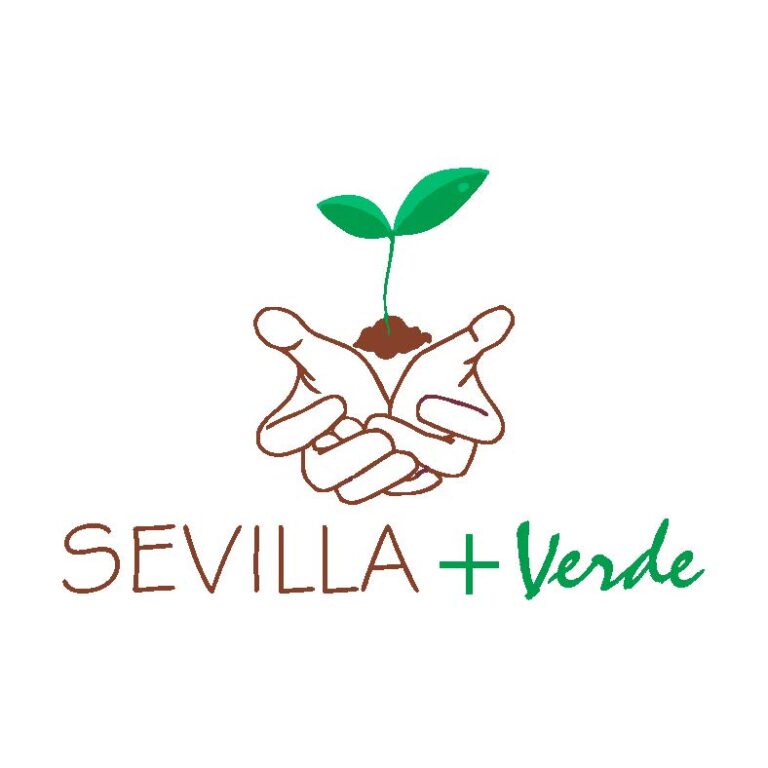 Manos sosteniendo tierra con brote de dos hojas verdes, logotipo de Sevilla + Verde
