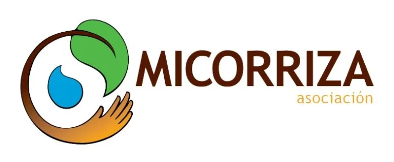 Logo de la Asociación Micorriza con mano, hoja verde y gota de agua
