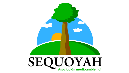Logo de Sequoyah, asociación medioambiental, con árbol grande, sol y cielo azul