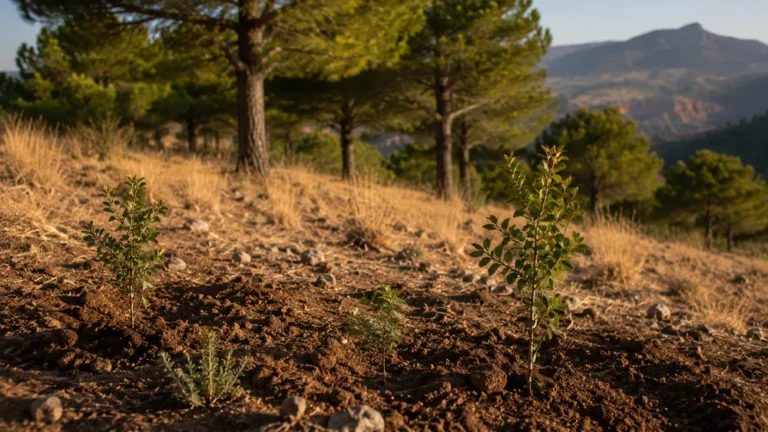 Voluntarios plantan encinas autóctonas bajo los pinares de repoblación de la Sierra de los Filabres, Almería