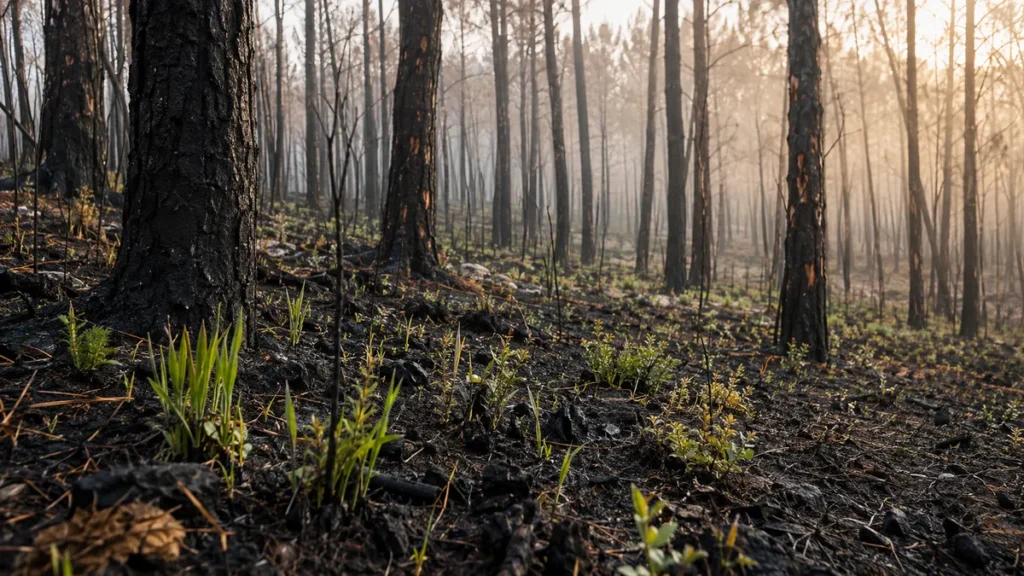 Brotes verdes creciendo entre troncos quemados en un bosque mediterráneo en regeneración tras un incendio