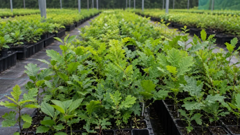 Hileras de plántulas autóctonas en un vivero forestal preparadas para restaurar el monte quemado